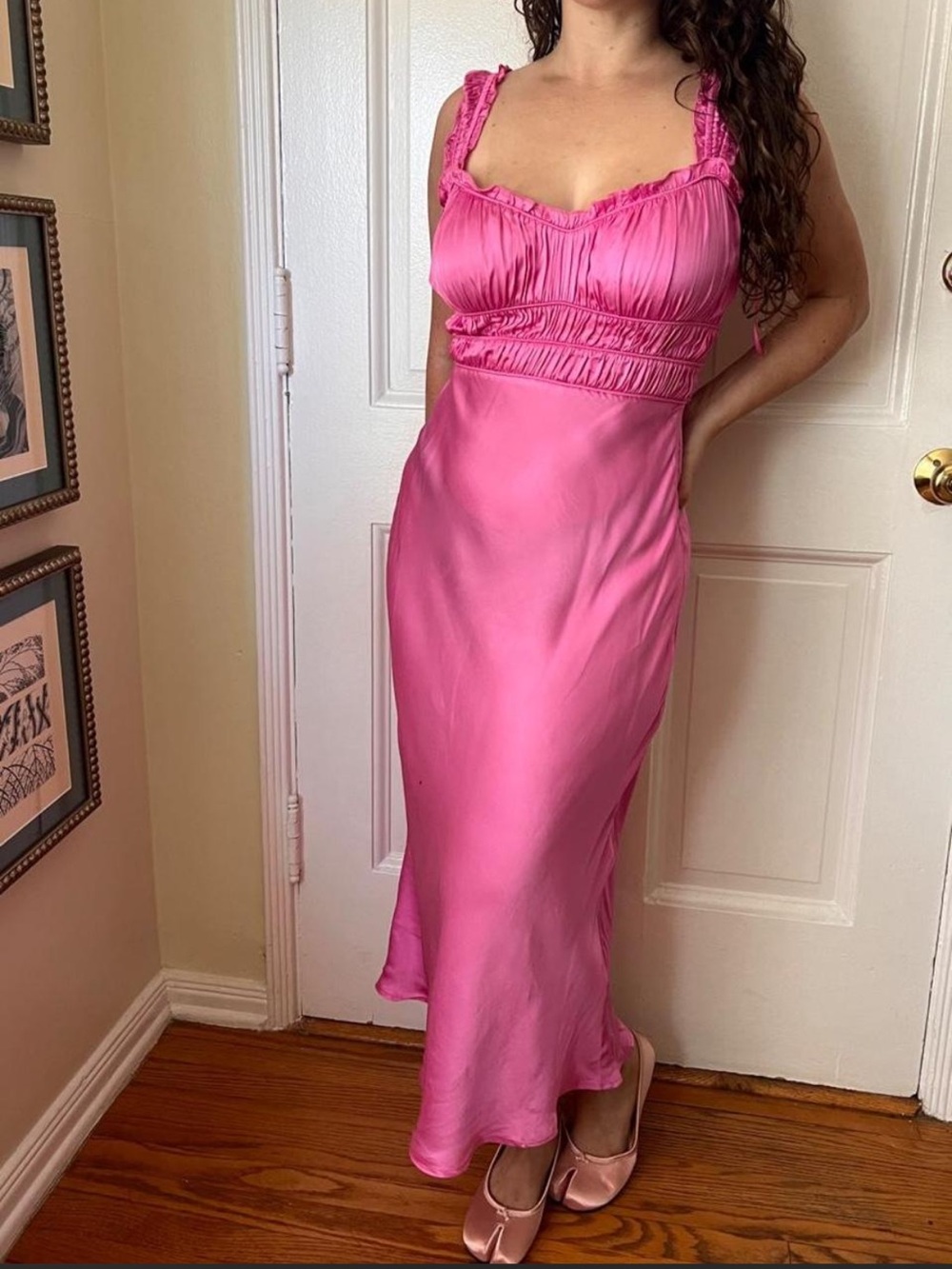 ASTR Hot Pink Satin Slip Dress with Ruched Bust